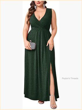 Plus Size Sparkly Glitter Formal Maxi A Line Dress Wrap V-Neck Floor Length